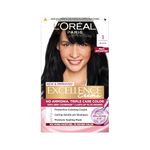 L'Oreal Paris Excellence Creme Triple Care No Ammonia Long-lasting Hair Color, 100% Grey Coverage, Powered by Pro-keratin and French Rose Oil, Shade Black 1, 72ml+100g