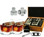 Whiskey Cigar glasses - 2 Old Fashioned Glasses, 8 Granite Chilling Rocks with Tongs, Velvet Pouch and Cigar Cutter in elegand box. Best gift set for men, dad, husband, boss, birthday, holiday.