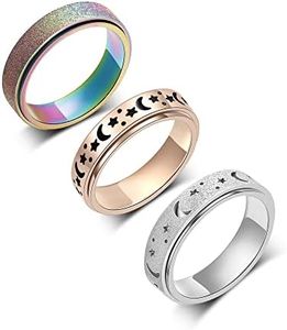 LuckyAmor Fidget Anxiety Ring for Women Kids - 3Pcs 6MM Rainbow Rose Gold Silver Moon Star Stainless Steel Spinner Rings for Anxiety Stress Relief Gift for Teen Girls