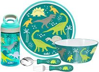 zak! Dinosaur - 5-Piece Dinnerware Set - Durable Plastic & Stainless Steel - Includes Water Bottle, 8-Inch Plate, 6-Inch Bowl, Fork & Spoon - Suitable for Kids Ages 3+