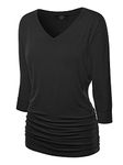 Made By Johnny WT1036 Womens V Neck 3/4 Sleeve Dolman Top with Side Shirring L Black