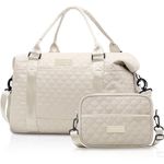 FIORETTO Women Gym Bag Duffle Bag with Shoes Compartment, Weekend Travel Bag Overnight Bag for Women, Quilt Beige (with Toiletry Bag), Carry on Tote Bag With Removable Strap