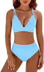 BMJL Women's Bikini Sets V Neck High Waisted Swimsuits Shell Stitched Cheeky Two Piece Bathing Suit(S,Light Blue)