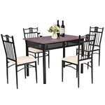 COSTWAY 5 Pieces Dining Table Set, Modern Kitchen Table Set for 4 Person, 42” Rectangular Table w/ 4 Upholstered Chairs, Bistro Table Set for Home, Coffee Shop & Restaurant (Brown)