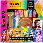 Rainbow High Rainbow Hair Stylist by Horizon Group USA, Includes 5 Vibrant Hair Coloring Gels, 3 Clip-in Extensions for Less-Mess, Mixing Bowl & Brush, Temporary Hair Coloring for Kids, Multi