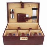 CARUZILA Faux Leathers 3 Glasses Bar Set | Premium Bar Set Bottle Opener with Bottle Handy Portable Leatherette Bar Set for car | Whiskey Glasses (Brown)