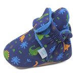 Dotty Fish Cotton Baby Booties with Suede Sole - Warm Fleece Lining – Non-Slip, Stay On Slippers. Navy Blue with Dinosaurs. 12-18 months