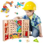 Kids Tool Set Toddlers Wooden Montessori Toys for 2 3 4 5 Years Old, Construction Toys Wooden Tools Box, 65 PCS Tools Kit Pretend Play Toy, Educational Motor Skill Toys, Gifts for Boys Girls Aged 2+