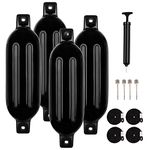 CROSSEWIN Inflatable Double Eye 4 Pack Black Boat Buoys Bumpers Marine Fenders with Ropes and Inflator for Pontoon 6.5 Inch Diameter x 23 Inch Long