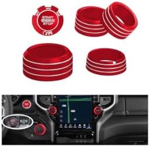 HDUFC Aluminum Knob Covers for 2019-2026 Dodge RAM 1500 2500 3500 - Fits AC, Volume, Rotary Shifter, Headlight & Push Start Buttons（6pcs）(red)