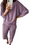 PRETTYGARDEN Women's Fall Fashion Outfits 2 Piece Sweatsuit Solid Color Long Sleeve Pullover Long Pants Lounge Set (Deep Purple,Medium)