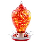 WOSIBO Hummingbird Feeder for Outdoors Patio Large 34 Ounces Colorful Hand Blown Glass Hummingbird Feeder with Ant Moat Hanging Hook, Rope, Brush and Service Card (RED)