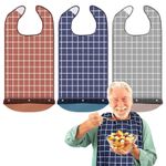 FERSTALO Adult Bibs for Eating, Waterproof and Reusable Clothing Protectors with Detachable Crumb Catcher, Washable Adult Bibs for Elderly Men and Women, Checkered, 3 Pack