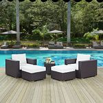 DEVOKO Patio Furniture Outdoor Sectional HDPE Rattan Wicker Sofa Conversation Set Outside Couch with Ottoman, Table and Cushions for Porch, Lawn, Garden, Backyard (Dark Brown and White)