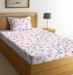 NEW LEAF Glace Cotton 200 TC Flat Single Bedsheets for Summer Breathable | Wrinklefree (Size-60 X 90 Inch) with 1 Pillow Covers (Size-17 X 27 Inches, Floral, Off White Pink)