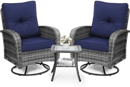 wildformers Luxury Outdoor Swivel Wicker Glider Patio Chairs with Table Set, Overstuffed Washable Cushions, Ideal for Porch, Balcony, Deck, Grey Rattan and Blue Cushion