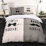 His Side and Her Side Couples Double Size Duvet Cover with Zipper Closure 3 Pieces Soft Microfiber Grey White Bedding Set with 2 Pillowcases 200 x 200cm