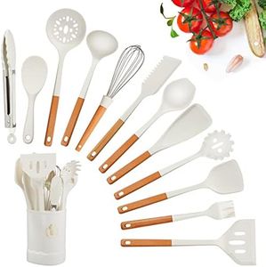 Juego de utensilios de cocina – Juego de utensilios de cocina de silicona con mango de madera, espátulas antiadherentes, juego de utensilios de cocina para sartenes antiadherentes (13 piezas)