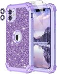 LONTECT for iPhone 11 Case Glitter Sparkly Bling 3 in 1 Shockproof Heavy Duty Full Body Sturdy Protective Case for Apple iPhone 11 with 2 Screen Protector+2 Camera Lens Protector,Shiny Purple