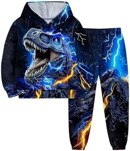 ADIFUN Toddler Boy Clothes 3T-4T Blue Lightning + Cool Neon T-Rex Print Dinosaur Boys Fall Winter Outfits Long-sleeved Hooded Sweatshirt Pants 2 Piece Set