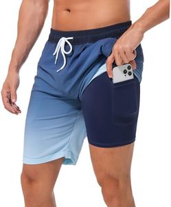 difficort Mens Swim Trunks Quick Dry Bathing Suit 9 inch Inseam Board Shorts with Compression Liner and Zipper Pocket,Grey Blue Gradient,Small