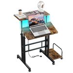 Dripex Height Adjustable Desk with Power Outlets & Strip Lights, Mobile Standing Laptop Desk Rolling Sit-Stand Computer Desk with Wheels, Small Standing Desk, Rustic Brown, L60cmxW60cmxH68-115cm