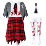 Kids Zombie School Girl Fancy Dress Outfit All In One Scary Costume Preppy School Tartan Skirt White Shirt Dress with Tie Bloody Tights Fake Blood Tube Girls Horror Halloween Costume M 7-9 Years