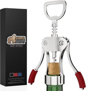 GORILLA GRIP BPA-Free Premium Wine Opener, Heavy Duty Zinc Alloy Wing Corkscrew, Multifunctional Bottle Opener, Remove Corks or Cap, Easy to Use Sharp Cork Screw, Dishwasher Safe, Bar Essentials, Red