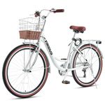 Viribus Women’s Comfort Bike, 66 cm 7 Speed Bicycle for Women, Beach & City Cruiser Bike with Shimano Derailleur Rattan Basket Steel Rack, Step Through Bike for Women Adults, White