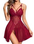 RSLOVE Women Sexy Babydoll Lace Lingerie Nightgown Dress Wine Red Small