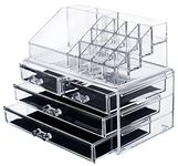 Acrylic Makeup Jewelry Vanity Organizer - Clear lipstick Make up brush display case container for beauty products! 16 slot 4 box drawers holder storage earring and other cosmetic items for bathroom!