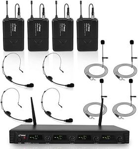 Pyle 4 Channel UHF Wireless Microphone System & Rack Mountable Base 4 Headsets, 4 Belt Packs, 4 Lavelier/Lapel MIC With Independent Volume Controls AF & RF Signal Indicators (PDWM4560),Black