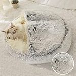 Fluffy Hooded Round Cat Bed Cave with Hooded Blanket for Indoor Cats, Dog Beds for Small Dogs, Anti-Anxiety, Cozy Cuddler Luxury Puppy Bed, Anti-Slip Bottom and Machine Washable