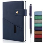 A5 Leather Journal Notebook with Pen, 200 Pages Hardcover Journal with Pocket, 100gsm Thick Lined Paper Daily Diary for Men and Women, Great Gift for Business School Travel Personal - Navy Blue