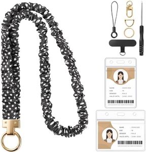 Prudiut Scrunchie Lanyard for Id Badges, Retractable Teacher Lanyards Cute Stretchy Scrunchie Lanyard with Id Holder for Women (Black Polka Dot)