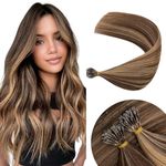 Elailite Hair Extensions Real Human Hair Nano Ring Nano Beads Hair Extension 50 Strands 50g Cold Fusion Straight Balayage (#4/27 Medium Brown Mix Dark Blonde, 16 Inch)