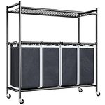 REIBII Laundry Sorter 4 Section Rolling Laundry Basket Hamper with Storage Shelf 180L Large 4 Compartments Washing Baskets with Wheel and Laundry Bags for Laundry Room, Bedroom, Bathroom, Black Grey