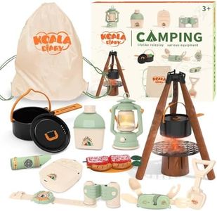 Kids Camping Toys Set - Pretend Play Camping Set with Food Toy, Spray Stove, Oil Lantern, Binoculars, Compass, Tableware, Watch & Storage Bag, Indoor Outdoor Toy for 3 4 5 6+ Year Old Boy Girl Gift
