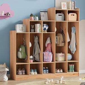 IDEALHOUSE 5-Section Classroom Coat Locker with 9 Cubbies, Daycare Cubby Storage Organizer with 10 Hooks for Home, School, Nursery, Kindergarten, Wood
