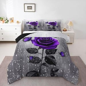 3D Rose Comforter Set Rose Floral Print Bedding Set Romantic Flowers Comforter for Kids Boys Girls Children Teens Bedroom Decor Purple Rose Butterfly Duvet Set King Size Quilt Set With 2 Pillow Case