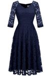 Dressystar Cocktail Dress for Women V Neck Lace Vintage Church Formal Wedding Guest Party Dress with 3/4 Sleeves 58 Navy L