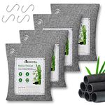 BASUWELL Activated Bamboo Charcoal Air Purifying Bags (4 Pack - 4x200g) with 4 Hooks, Natural Charcoal Bags Odor Absorber for Home and Car (Pet Friendly)