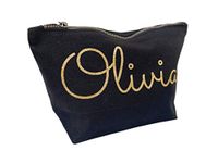 Treat Me Suite Personalised Name Make up Accessory Wash Bag in Black or Natural Colour. Metallic or Glitter Print Presents Birthdays (Black Colour Bag, Gold Glitter)