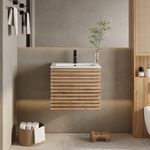 eclife 24" Floating Bathroom Vanity with Sink Combo Mid-Century Wall Mounted Cabinet Set with Wood Stripes, Drawers, Undermount Sink & Faucet, Light Walnut