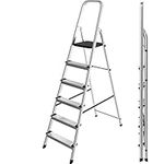 Lightweight 6 Step Ladder 73.6'' (187cm) High | Aluminium Step Ladder, Silver Colour Portable Folding Ladder - Tall, Compact and Functional