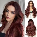 QUEENTAS 24 Inch Black Ombre Burgundy Long Curly Hair Wig for Women Full Head Deep Wavy Synthetic Wig for Diwali