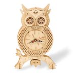 3-D Puzzles Owl Clock, Kikuo Mechanical Wooden Model Kit, Laser Cut 3D Model Kit, Wooden Construction DIY Model Kits for Adults Teens and Children - Build Your own Wood Craft Clock