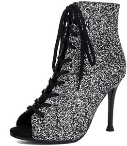 PIVAPAM Elegant Ballroom Dance Shoes, Womens Summer Peep Toe Booties, Glitter Stiletto High Heels Sparkle Dance Heels