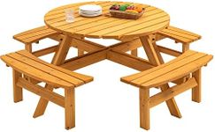 CuisinSmart 8 Person Wooden Picnic Table,Outdoor Round Picnic Table with 4 Built-in Benches & Umbrella Hole,Outside Table and Bench Set for Garden Backyard Porch Patio,500lbs Capacity Per Bench