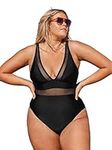 CUPSHE Women Plus Size One Piece Swimsuit V Neck Mesh Sheer Tummy Control Bathing Suit with Adjustable Wide Straps, Black, Large